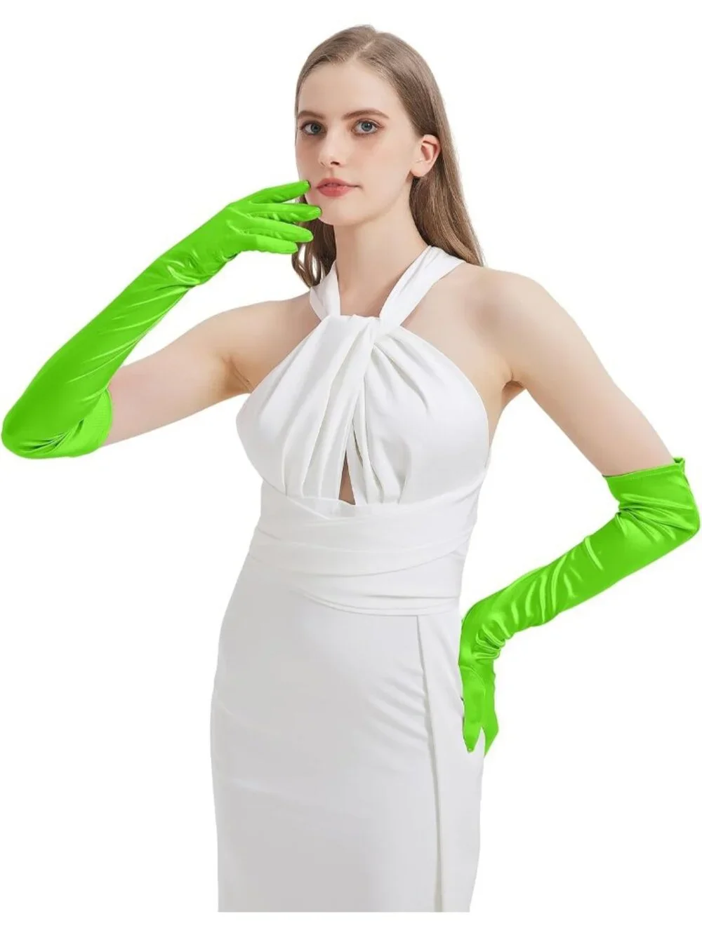 Women's Neon Green Satin Opera Elbow Length 1920s Flapper Long Gloves Party